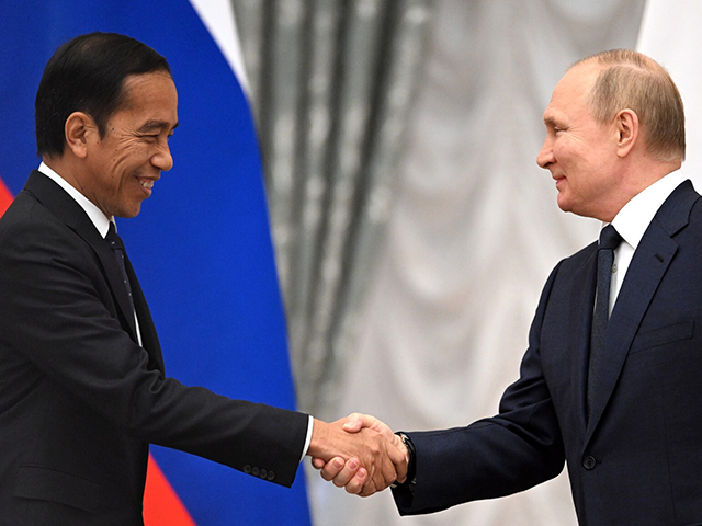 Russian President Vladimir Putin (R) meets Indonesian President Joko Widodo (L) at the Kre