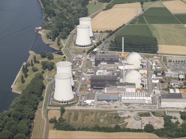 04 July 2022, Hessen, Biblis: The shutdown nuclear power plant Biblis in southern Hesse (aerial view from an airplane). Photo: Boris Roessler/dpa (Photo by Boris Roessler/picture alliance via Getty Images)