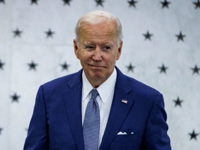 US President Joe Biden steps off the podium after speaking during a visit at the Central Intelligence Agency (CIA) headquarters to congratulate the Agency and staff on the 75th anniversary of its founding in Langley, Virginia, on July 8, 2022. (Photo by Samuel Corum / AFP) (Photo by SAMUEL CORUM/AFP …