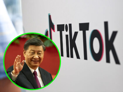 07 July 2022, Berlin: The logo of the video community TikTok at the fashion fair Premium. Photo: Jens Kalaene/dpa (Photo by Jens Kalaene/picture alliance via Getty Images), Xi Jinping, China's president, waves after speaking at a swearing-in ceremony for Hong Kong's chief executive John Lee in Hong Kong, China, on …