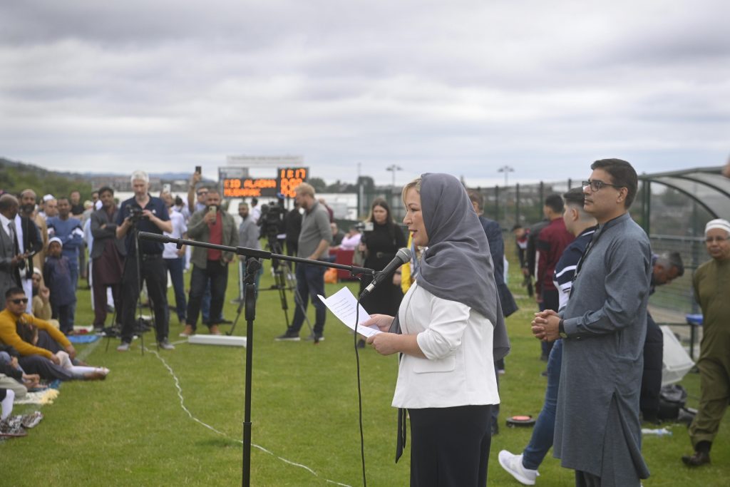 Sinn Fein Vice President Michelle O'Neill speaks during the Eid festival at Davitt Park GAA grounds in Belfast. The Eid festival is an important day in the the Muslim celendar when food is shared with relatives, friends and the poor. Picture date: Saturday July 9, 2022. (Photo by Mark Marlow/PA Images via Getty Images)