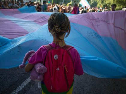 A girl holds the Transgender Pride flag during the pride march held in one of the most imp