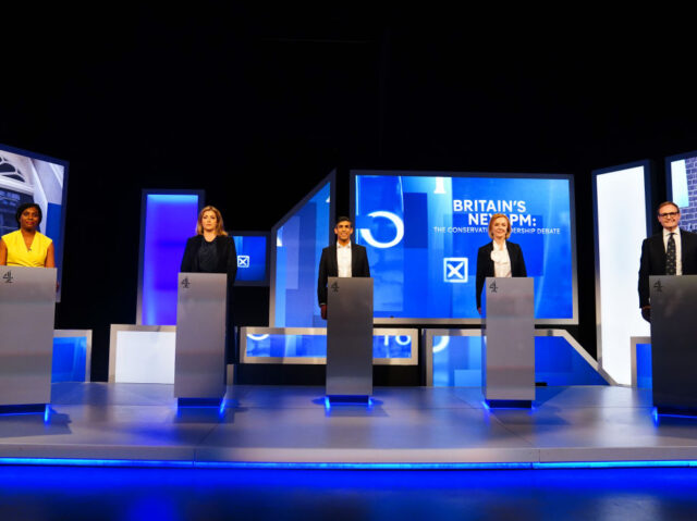 (Left-right) Kemi Badenoch, Penny Mordaunt, Rishi Sunak, Liz Truss and Tom Tugendhat at Here East studios in Stratford, east London, before the live television debate for the candidates for leadership of the Conservative party, hosted by Channel 4. Picture date: Friday July 15, 2022. (Photo by Victoria Jones/PA Images via …