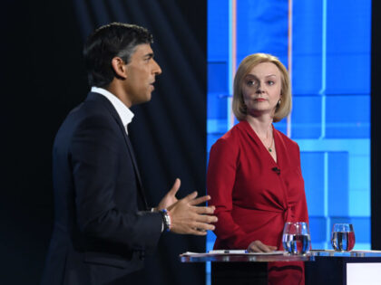 LONDON, ENGLAND - JULY 17: (ONE MONTH FREE EDITORIAL USE; NO ARCHIVING) In this handout image provided by ITV, Conservative leadership candidates Rishi Sunak and Liz Truss during Britain's Next Prime Minister: The ITV Debate at Riverside Studios on July 17, 2022 in London, England. At 7pm on Sunday 17th …