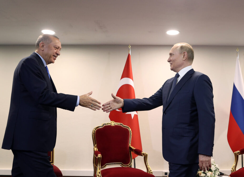 Turkish President Recep Tayyip Erdogan (L) meets Russian President Vladimir Putin (R) in Tehran, Iran on July 19, 2022. (Photo by Murat Kula/Anadolu Agency via Getty Images)