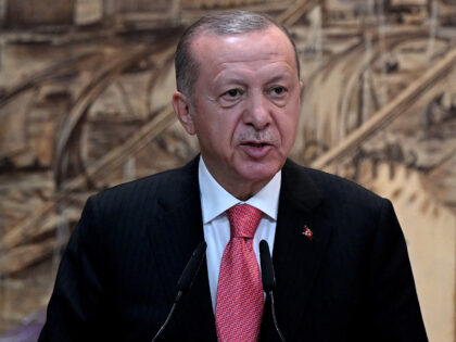 Turkish President Recep Tayyip Erdogan speaks during a signature ceremony of an initiative