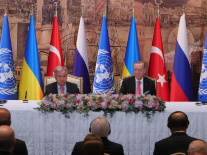 ISTANBUL, TURKIYE - JULY 22: Turkish President Recep Tayyip Erdogan (R) and UN Secretary-General, Antonio Guterres (2nd L) attend the signing ceremony of the Initiative on the Safe Transportation of Grain and Foodstuffs Ukrainian Ports Document, which unblocks Ukrainian grain exports, in Istanbul, Turkiye on July 22, 2022. The agreement …