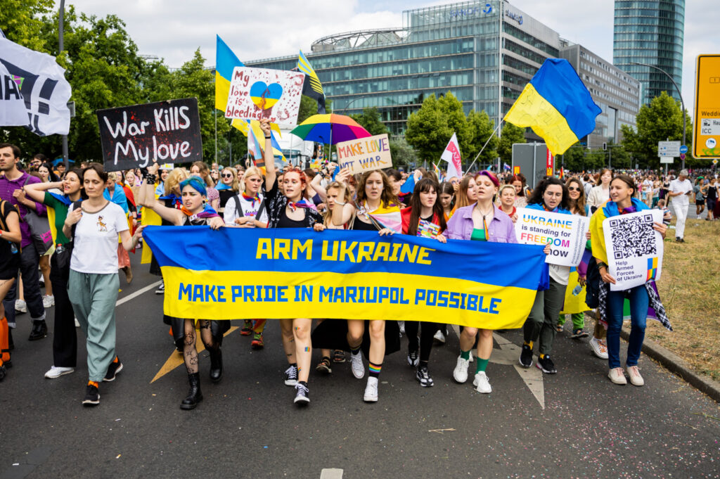 23 July 2022, Berlin: People demonstrate at Christopher Street Day (CSD) for the arming of Ukraine. This year's motto of the parade for the rights of lesbian, gay, bisexual, transgender, intersex and queer people is "United in Love! Against Hate, War and Discrimination." Photo: Christoph Soeder/dpa (Photo by Christoph Soeder/picture alliance via Getty Images)