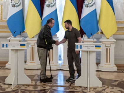 KYIV, UKRAINE - JULY 25: Ukrainian president Volodymyr Zelensky and President of Guatemala Alejandro Giammattei shake hands during a joint press conference on July 25, 2022 in Kyiv, Ukraine. (Photo by Alexey Furman/Getty Images)