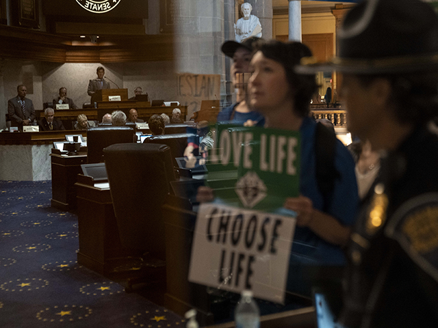 Anti-abortion demonstrators protest outside the chamber during a special session of the Indiana State Senate at the Capitol building in Indianapolis, Indiana, US, on Tuesday, July 26, 2022. Indiana lawmakers began consideration of a Republican proposal to ban nearly all abortions in the state, reports the Associated Press. Photographer: Cheney …