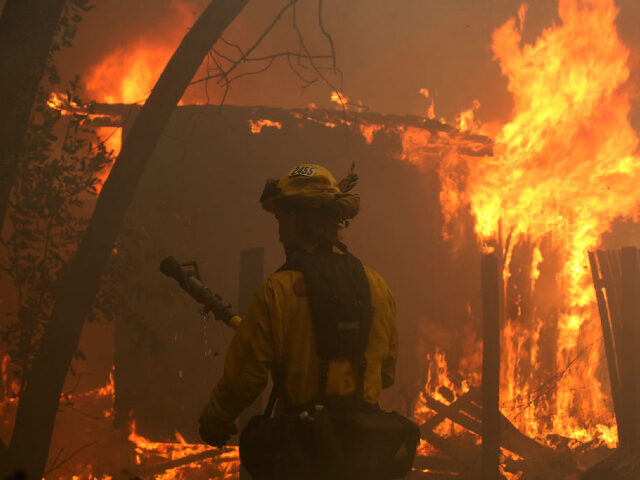 BONNY DOON, CALIFORNIA - AUGUST 20: A firefighter uses a hose on a burning house on Empire