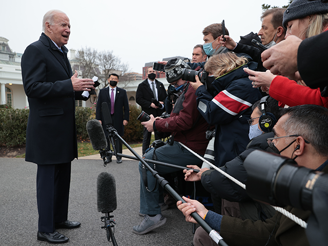 President Joe Biden stops to talk to reporters before departing the White House December 08, 2021 in Washington, DC. According to the White House, Biden is traveling to Kansas City, Missouri, to talk about how the Bipartisan Infrastructure Law will aid in the repair and construction of roads and bridges, …