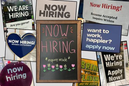 Multiple now hiring signs combined into a photo illustration. (Photo by: Don and Melinda Crawford/UCG/Universal Images Group via Getty Images)