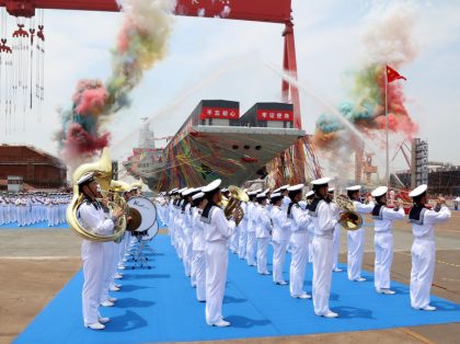 SHANGHAI, CHINA - JUNE 17: General view of the launching ceremony of China's third aircraft carrier, the Fujian, named after Fujian Province, at Jiangnan Shipyard, a subsidiary of China State Shipbuilding Corporation (CSSC), on June 17, 2022 in Shanghai, China. (Photo by Li Tang/VCG via Getty Images)