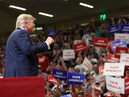 Former U.S. President Donald Trump greets supporters during a "Save America" rally at Alaska Airlines Center on July 09, 2022 in Anchorage, Alaska. Former President Donald Trump held a "Save America" rally in Anchorage where he campaigned with U.S. House candidate former Alaska Gov. Sarah Palin and U.S. Senate candidate …
