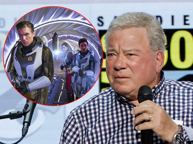 (INSET: Still from Star Trek: Discovery) Kevin Smith and William Shatner speak onstage at the "Masters of the Universe: 40 Years" panel during 2022 Comic-Con International: San Diego at San Diego Convention Center on July 21, 2022 in San Diego, California. (Photo by Kevin Winter/Getty Images)