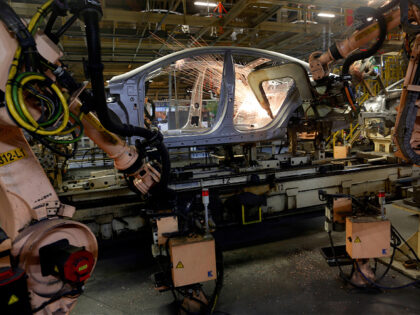 Robots assemble frames for the Sonata and Elantra vehicles at the Hyundai Motor Manufacturing Alabama (HMMA) assembly plant in Montgomery, Alabama, U.S., on Tuesday, Oct. 22, 2013. Hyundai Motor Co. and Volkswagen AG are the most likely to gain U.S. market share during the next five years, a survey found. …