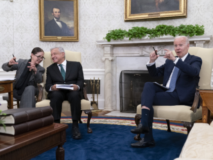 US President Joe Biden meets Andres Manuel Lopez Obrador, Mexico's president, center, in the Oval Office of the White House in Washington, D.C., US, on Tuesday, July 12, 2022. Biden and Lopez Obrador plan to discuss ways to expand legal migration, improve security and strengthen their shared border. Photographer: Chris …