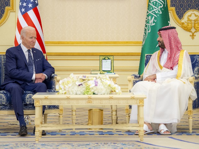 US President Joe Biden (L) meets Saudi Arabian Crown Prince Mohammed bin Salman (R) at Alsalam Royal Palace in Jeddah, Saudi Arabia on July 15, 2022. (Photo by Royal Court of Saudi Arabia/Handout/Anadolu Agency via Getty Images)