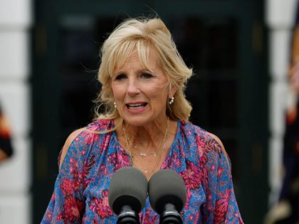 WASHINGTON, DC - JULY 12: U.S. first lady Jill Biden delivers remarks with President Joe Biden while hosting the Congressional Picnic on the South Lawn of the White House on July 12, 2022 in Washington, DC. An annual opportunity for members of Congress and their families to visit administration officials …