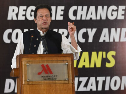 Ousted Pakistan's prime minister Imran Khan addresses an event on "Regime Change Conspiracy and Pakistans Destabilisation" in Islamabad on June 22, 2022. (Photo by Aamir QURESHI / AFP) (Photo by AAMIR QURESHI/AFP via Getty Images)