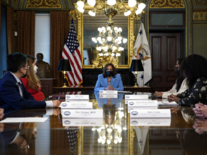 Vice President Kamala Harris, center, speaks while meeting with disability rights leaders in the Vice President's Ceremonial Office in Washington, DC, on July 26, 2022. (Yuri Gripas/Abaca/Bloomberg via Getty Images)