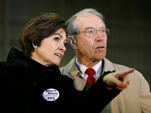 Iowa Lt. Gov. Kim Reynolds talks with U.S. Sen. Chuck Grassley, R-Iowa, during a Defend the Renewable Fuel Standard rally, an event focused on blocking the EPA's effort to reduce the renewable fuel standard that requires ethanol to be blended with gasoline, Friday, Nov. 22, 2013, in Nevada, Iowa. (AP …