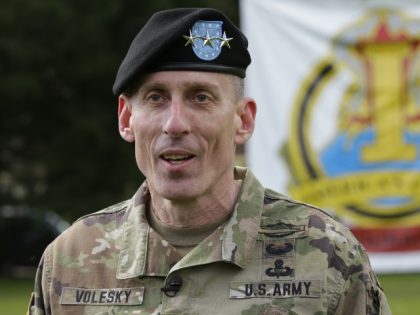 U.S. Army Lt. Gen. Gary Volesky talks to reporters following a change of command ceremony, Monday, April 3, 2017, at Joint Base Lewis-McChord in Washington state. Volesky assumed command of First Corps from Lt. Gen. Stephen Lanza, who has commanded the organization for more than three years. (Ted S. Warren/AP)