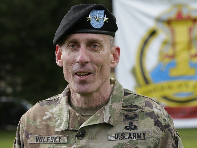 U.S. Army Lt. Gen. Gary Volesky talks to reporters following a change of command ceremony, Monday, April 3, 2017, at Joint Base Lewis-McChord in Washington state. Volesky assumed command of First Corps from Lt. Gen. Stephen Lanza, who has commanded the organization for more than three years. (Ted S. Warren/AP)