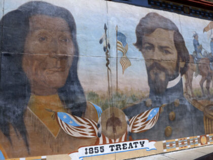 Wall mural in downtown Toppenish Washington depicting the treaty of 1855 between the fourteen Native American Indian tribes of the area and the United States government. (Photo by: Don & Melinda Crawford/Education Images/Universal Images Group via Getty Images)