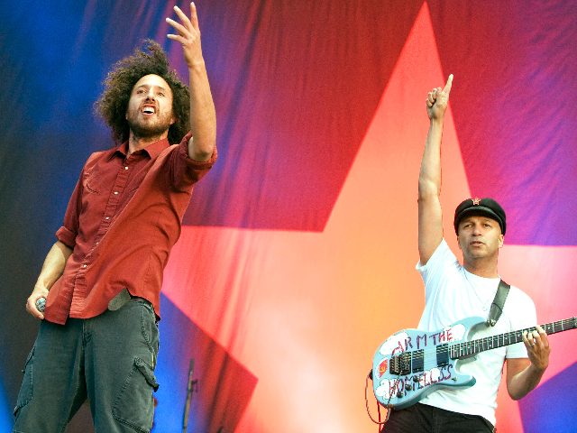 CASTLE DONINGTON, UNITED KINGDOM - JUNE 12: Zack de la Rocha and Tom Morello of Rage Against The Machine perform on stage on the second day of Download Festival at Donington Park on June 12, 2010 in Castle Donington, England. (Photo by Steve Thorne/Redferns)