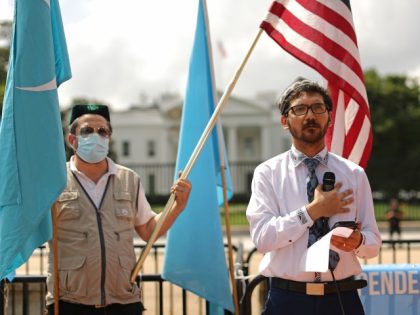 WASHINGTON, DC - AUGUST 14: Salih Hudayar (R), founder of the East Turkistan National Awakening Movement, leads a rally outside the White House to urge the United States to end trade deals with China and take action to stop the oppression of the Uyghur and other Turkic peoples August 14, …