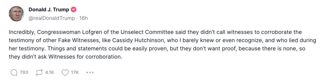 Trump goes after January 6 Committee on Truth Social (Donald Trump/Truth Social).