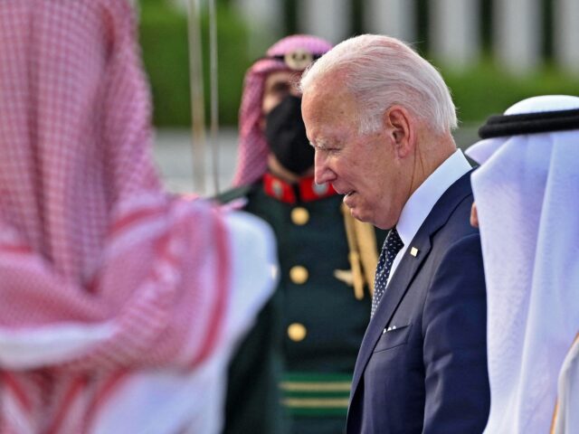 US President Joe Biden arrives at the King Abdulaziz International Airport in the Saudi coastal city of Jeddah, on July 15, 2022. - US President Joe Biden landed in Saudi Arabia, sealing a retreat from his campaign pledge to turn the kingdom into a "pariah" over its human rights record …