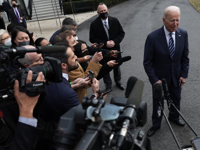 WASHINGTON, DC - FEBRUARY 17: U.S. President Joe Biden speaks to members of the press prior to a departure for Cleveland, Ohio from the White House on February 17, 2022 in Washington, DC. President Biden predicted the likelihood of a Russian invasion to Ukraine is high and “in a matter …