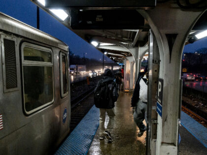 Passengers board trains at the Pulaski stop on the Forest Park branch of the CTA "L" Blue Line on Tuesday, Feb. 25, 2020. (Brian Cassella/Chicago Tribune/Tribune News Service via Getty Images)