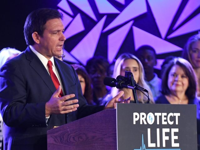 KISSIMMEE, FLORIDA, UNITED STATES - 2022/04/14: Governor Ron DeSantis speaks to pro-life supporters before signing Floridaâs 15-week abortion ban into law at Nacion de Fe church in Kissimmee. The law, which goes into effect July 1, bans the procedure after 15 weeks of pregnancy without exemptions for rape, incest or …