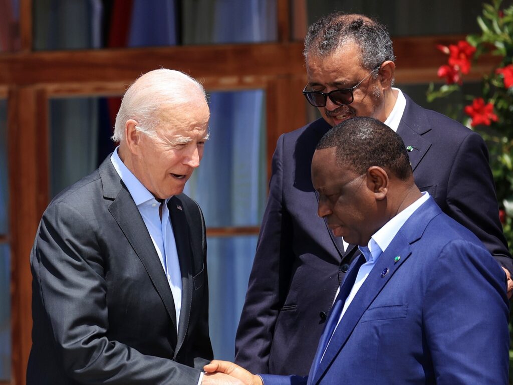 US President Joe Biden, Tedros Adhanom Ghebreyesus, director general of the World Health Organization (WHO), and Macky Sall, Senegal's president, left to right, at the 'family' photo during day two of the Group of Seven (G-7) leaders summit at the Schloss Elmau luxury hotel in Elmau, Germany, on Monday, June 27, 2022. 