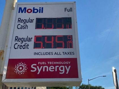 Mobil gas station sign showing high gas prices, near Grand Central Parkway, Flushing, Queens, New York. (Photo by: Lindsey Nicholson/UCG/Universal Images Group via Getty Images)