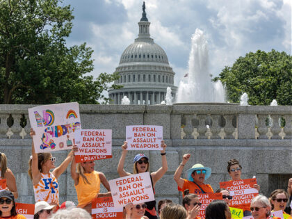 WASHINGTON, DC - JULY 13: Gun control activists rally near the U.S. Capitol calling for a federal ban on assault weapons on July 13, 2022 in Washington, DC. Friends, family and mourners of the victims of the Highland Park, Illinois and Uvalde, Texas mass shooting rallied near the U.S. Capitol …