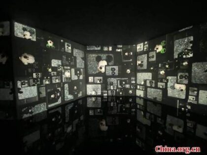 A new media installation, Tanzmaus-808, from artist Noise Temple is exhibited at the "Mickey: The True Original & Ever Curious" exhibition at the 798 Art Center in Beijing, July 23, 2022. [Photo by Zhang Rui/China.org.cn]