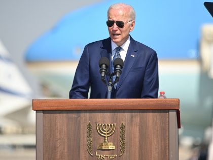 US President Joe Biden addresses his hosts upon his arrival in Israel at Ben Gurion Airport in Lod near Tel Aviv, on July 13, 2022. - Biden started today his first tour of the Middle East since entering the White House last year. (Photo by MANDEL NGAN / AFP) (Photo …