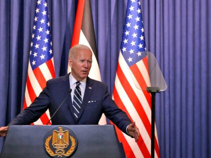L to R) US President Joe Biden and Palestinian president Mahmud Abbas deliver statements to the media after their meeting at the Muqataa Presidential Compound in the city of Bethlehem in the occupied West Bank on July 15, 2022. (Photo by AHMAD GHARABLI / AFP) (Photo by AHMAD GHARABLI/AFP via …