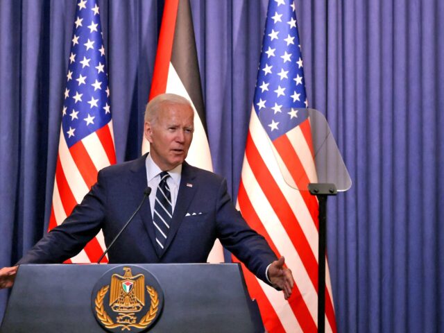L to R) US President Joe Biden and Palestinian president Mahmud Abbas deliver statements t
