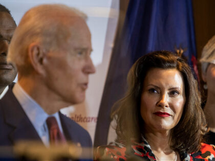 GRAND RAPIDS, MI - MARCH 9: Former Vice President Joe Biden speaks as Michigan Governor Gretchen Whitmer looks on at an event at Cherry Health in Grand Rapids, MI on March 9, 2020. (Photo by Carolyn Van Houten/The Washington Post via Getty Images)