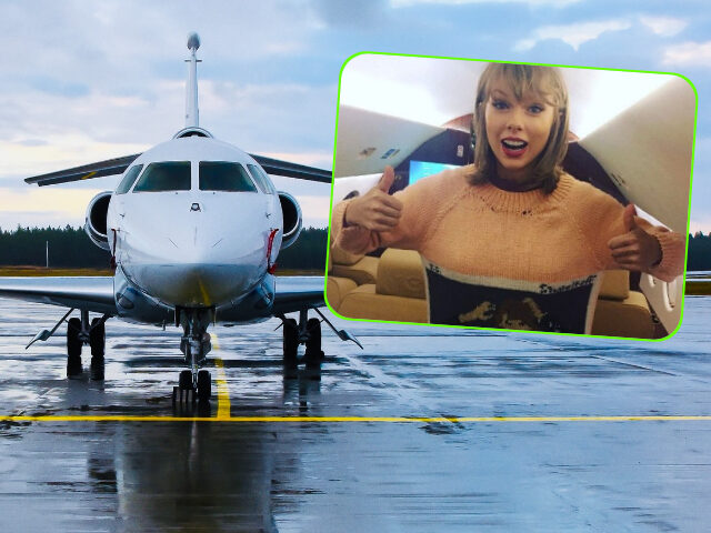 Taylor Swift gives thumbs up inside a private jet.