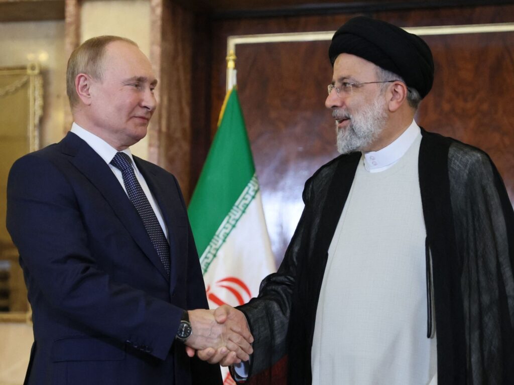 Russian President Vladimir Putin and Iran's President Ebrahim Raisi hold a meeting in Tehran on July 19, 2022. - Iran's president will host his Russian and Turkish counterparts for talks on the Syrian war in a three-way summit overshadowed by fallout from the Russian invasion of Ukraine. (Photo by Sergei SAVOSTYANOV / SPUTNIK / AFP) (Photo by SERGEI SAVOSTYANOV/SPUTNIK/AFP via Getty Images)
