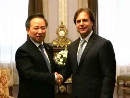 MONTEVIDEO, March 2 2020 -- Chinese President Xi Jinping's special envoy Li Ganjie L, also minister of ecology and environment, meets with Uruguay's new President Luis Lacalle Pou in Montevideo, Uruguay, on March 2, 2020. Chinese President Xi Jinping's special envoy Li Ganjie attended the Uruguayan presidency handover ceremony in …