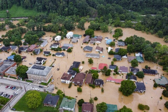 Aerial view of homes submerged under flood waters from the North Fork of the Kentucky Rive