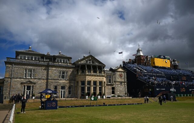 The clubhouse and 18th green grandstand at the Old Course in St Andrews, which hosts the 1